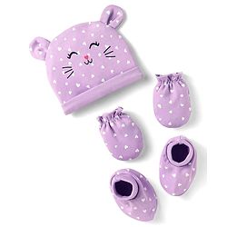Babyhug 100% Cotton Interlock Knit Cap Mittens & Booties Set With Cat Face Print Purple - Diameter 10 cm