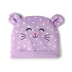 Babyhug 100% Cotton Interlock Knit Cap Mittens & Booties Set With Cat Face Print Purple - Diameter 10 cm