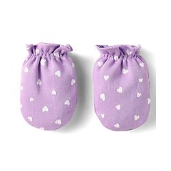 Babyhug 100% Cotton Interlock Knit Cap Mittens & Booties Set With Cat Face Print Purple - Diameter 10 cm