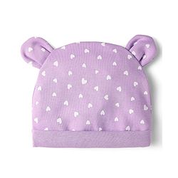 Babyhug 100% Cotton Interlock Knit Cap Mittens & Booties Set With Cat Face Print Purple - Diameter 10 cm