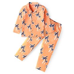 Babyhug Cotton Knit Full Sleeves Front Open Night Suit with Coconut Tree Print - Orange