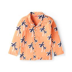Babyhug Cotton Knit Full Sleeves Front Open Night Suit with Coconut Tree Print - Orange