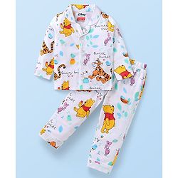 Babyhug Disney Single Jersey Knit Full Sleeves Night Suit With Winnie & Friends Print - White
