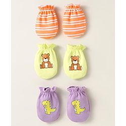 Babyhug Interlock Mittens With Animal Print Pack of 3 - Orange Green & Purple