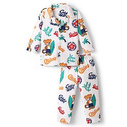 Babyhug Cotton Knit Full Sleeves Front Open Co-ords Night Suit with Beach Theme Print - White