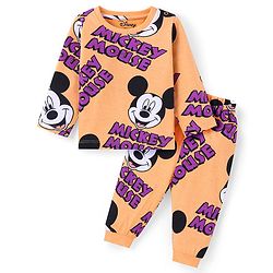 Babyhug Disney Single Jersey Knit Full Sleeves Night Suit With Mickey Mouse Graphics - Orange