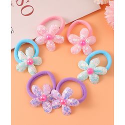 Babyhug Hair Rubber Bands With Floral Applique Pack of 6 - Blue PInk & Purple