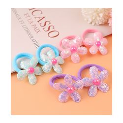 Babyhug Hair Rubber Bands With Floral Applique Pack of 6 - Blue PInk & Purple