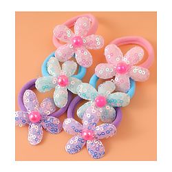 Babyhug Hair Rubber Bands With Floral Applique Pack of 6 - Blue PInk & Purple