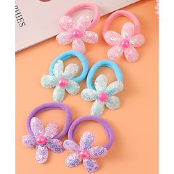 Babyhug Hair Rubber Bands With Floral Applique Pack of 6 - Blue PInk & Purple