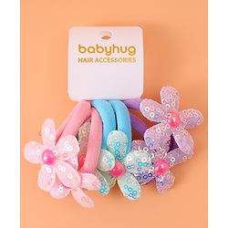 Babyhug Hair Rubber Bands With Floral Applique Pack of 6 - Blue PInk & Purple