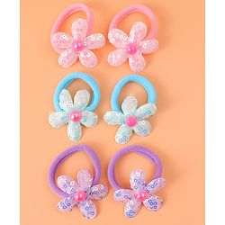 Babyhug Hair Rubber Bands With Floral Applique Pack of 6 - Blue PInk & Purple