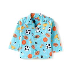 Babyhug Cotton Knit Full Sleeves Night Suit With Sports Theme Print - Light Blue