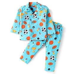 Babyhug Cotton Knit Full Sleeves Night Suit With Sports Theme Print - Light Blue