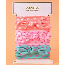 Babyhug Headbands with Bow Applique & Polka Dots Print Free Size Pack of 3 - Pink Mint & Peach