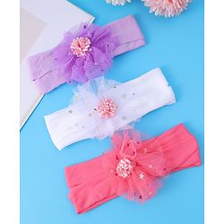 Babyhug Headbands with Bow Applique Free Size Pack of 3 - Dark Pink White & Purple