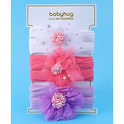 Babyhug Headbands with Bow Applique Free Size Pack of 3 - Dark Pink White & Purple