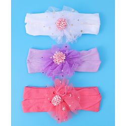 Babyhug Headbands with Bow Applique Free Size Pack of 3 - Dark Pink White & Purple