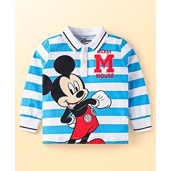 Babyhug Disney Single Jersey Knit Full Sleeves Polo T-Shirt with Striped & Mickey Mouse Print -White & Blue