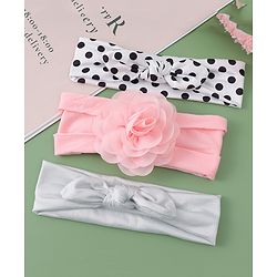 Babyhug Headbands with Floral & Bow Applique Free Size Pack of 3 - Pink White & Silver