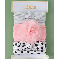 Babyhug Headbands with Floral & Bow Applique Free Size Pack of 3 - Pink White & Silver