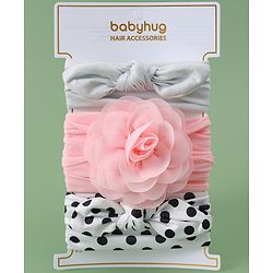 Babyhug Headbands with Floral & Bow Applique Free Size Pack of 3 - Pink White & Silver