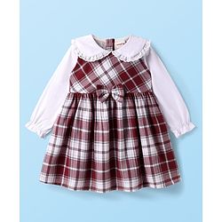 Babyhug Cotton Knit Full Peasant Sleeves Peter Pan Collared Frock with Bow Applique - Maroon