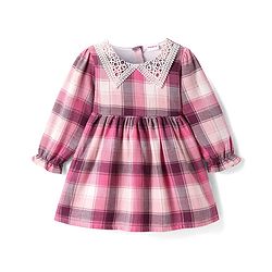 Babyhug Cotton Woven Full Sleeves Checkered Frock with Crochet Detailing - Pink