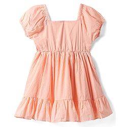 Babyhug Cotton Woven Half Puffed Sleeves Anti Bacterial Frock with Floral Embroidery - Peach