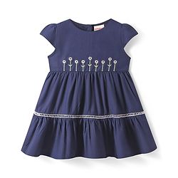Babyhug Cotton Woven Cap Sleeves Frock with Floral Embroidery - Navy Blue