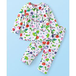 Babyhug Cotton Knit Full Sleeves Night Suit With Floral Print - White