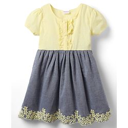 Babyhug Cotton Woven Half Sleeves Frock With Floral Embroidery - Yellow & Blue