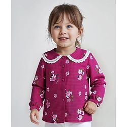 Babyhug Woven Full Sleeves Top with Floral Print & Peter Pan Collar - Dark Pink