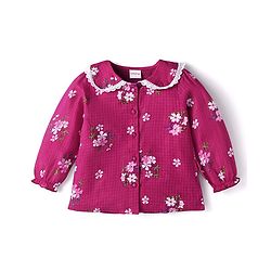Babyhug Woven Full Sleeves Top with Floral Print & Peter Pan Collar - Dark Pink