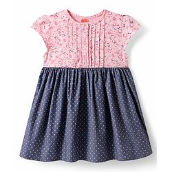 Babyhug Cotton Woven Cap Sleeves Frock with Floral & Polka Dots Print - Pink