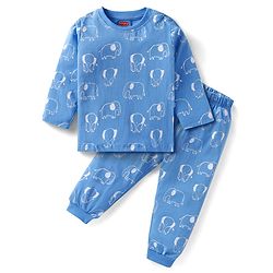 Babyhug Cotton Knit Full Sleeves Night Suit with Elephant Print - Blue
