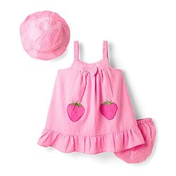 Babyhug Cotton Woven Knee Length Checks Print Frock With Bloomers & Hat - Pink