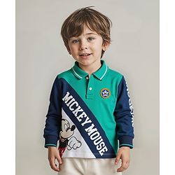 Babyhug Disney Single Jersey Knit Full Sleeves Polo T-Shirt with Mickey Mouse Graphic & Badge Detailing - Navy Blue