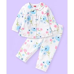 Babyhug Cotton Knit Front Open Full Sleeves Peter Pan Collar Night Suit with Floral - White