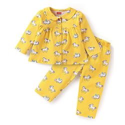 Babyhug Cotton Knit Full Sleeves Front Open Night Suit with Unicorn Print - Yellow