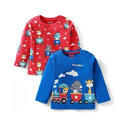 Babyhug Cotton Knit Full Sleeves T-Shirts with Animal Print Pack of 2 - Red & Blue