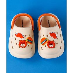 Cute Walk by Babyhug Clogs With Backstrap Closure Burger Lion & Dino Appliques - White