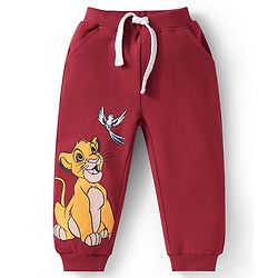 Babyhug Disney Single Jersey Knit Full Raglan Sleeves T-Shirt & Joggers Set With Simba & Friends Graphics - Dark Red & White