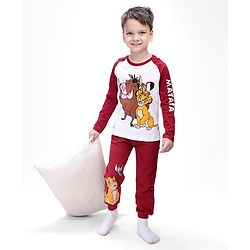 Babyhug Disney Single Jersey Knit Full Raglan Sleeves T-Shirt & Joggers Set With Simba & Friends Graphics - Dark Red & White