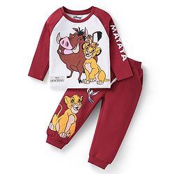 Babyhug Disney Single Jersey Knit Full Raglan Sleeves T-Shirt & Joggers Set With Simba & Friends Graphics - Dark Red & White