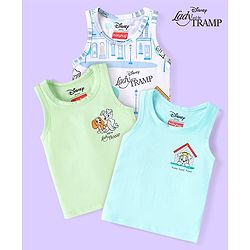 Babyhug Disney Cotton Knit Sleeveless Vests With Lady And The Tramp Graphics Pack of 3 - White Light Blue & Light Green