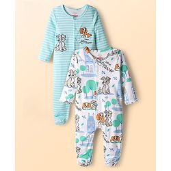 Babyhug Disney Cotton Knit Full Sleeves Footed Sleep Suits with Lady and The Tramp Graphics Pack of 2 - Light Blue & White