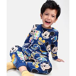 Babyhug Disney Single Jersey Knit Full Sleeves Mickey Mouse Printed Night Suit - Navy Blue