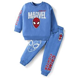Babyhug Marvel Terry Knit Full Sleeves T-Shirt & Lounge Pant Set With Spider Man Graphics - Blue