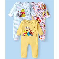Babyhug Disney Interlock Knit Full Sleeves Rompers With Winnie The Pooh Graphics Pack of 3 - Yellow White & Blue